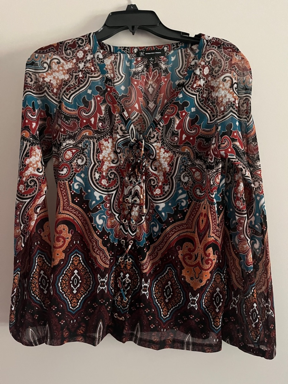 INC International Concepts Paisley Tie-Front Blouse in Teal, Rust & Brown